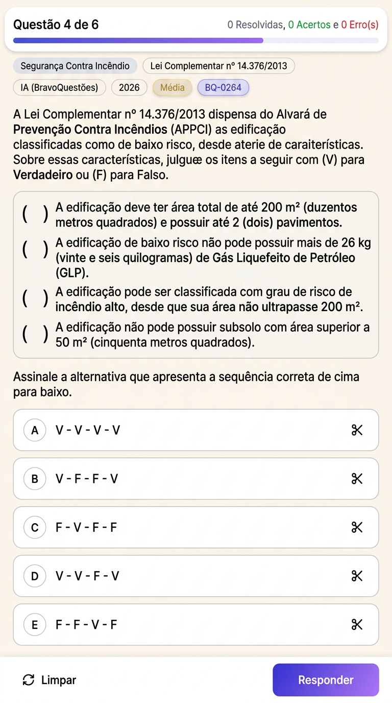 Tela do app BravoQuestões com uma questão de Segurança Contra Incêndio